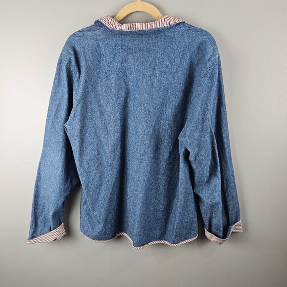 Vintage Button Up Denim Jacket Gingham Trim & Floral Embroidery Cottagecore - Picture 2 of 9